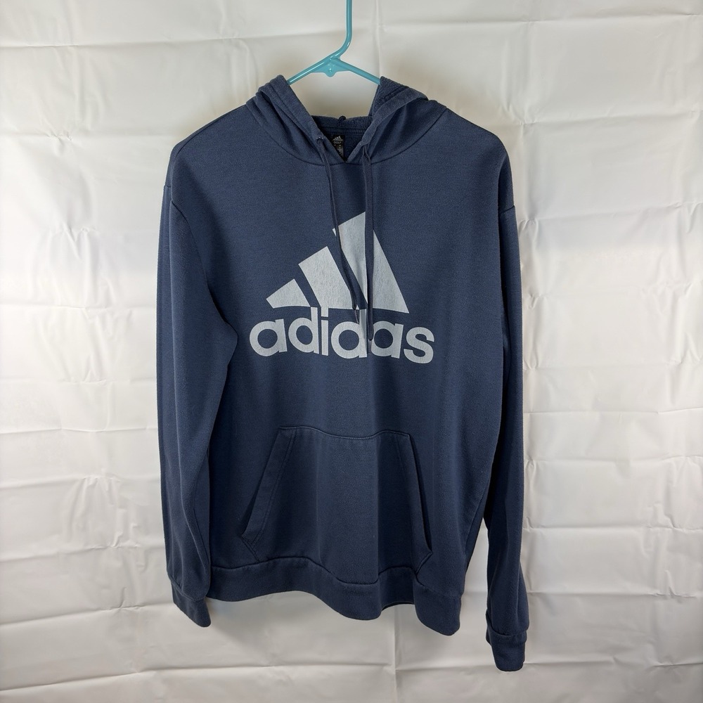 Men's Adidas Blue Big Logo Pullover Performance Fleece Sweatshirt Hoodie -Medium